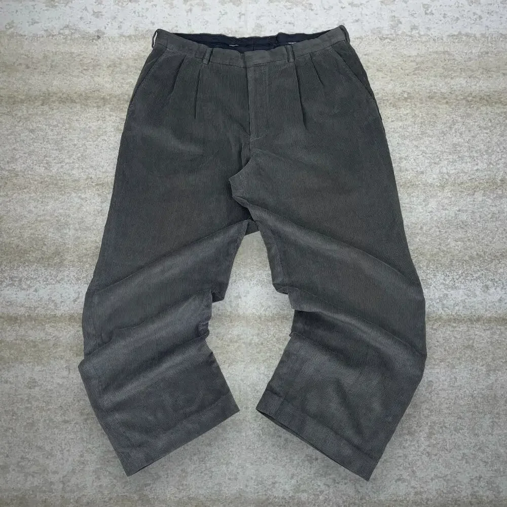 Vintage Y2K Corduroy Pants 38x32 Baggy Fit Olive Green Pleated Front